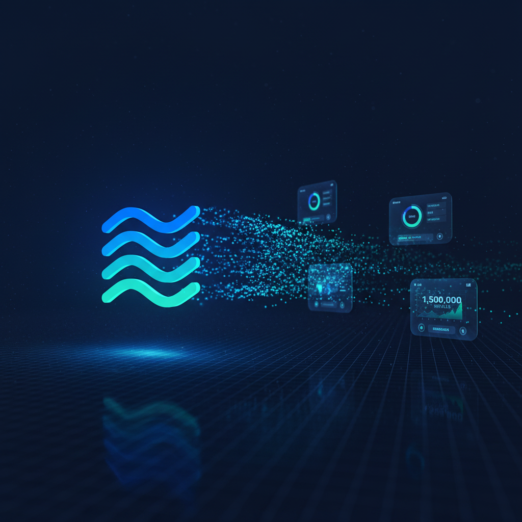 InAppFlux flux visualization — logo with data streams to mobile games